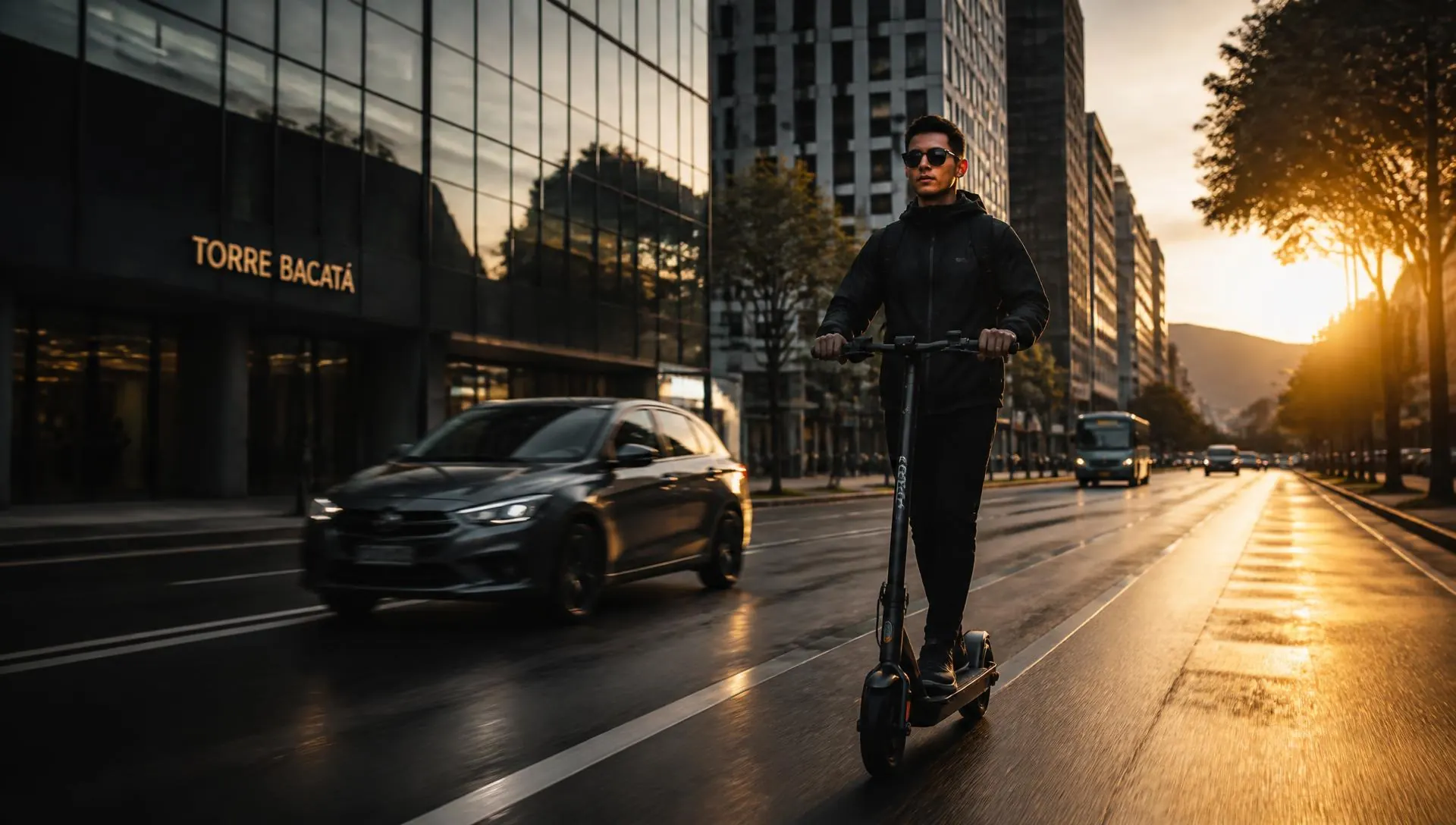 Persona conduciendo un scooter eléctrico Honey Whale por una avenida de Bogotá al atardecer